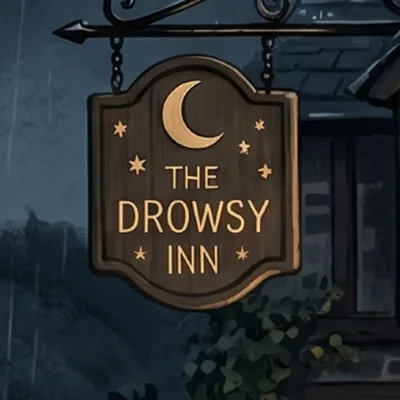 The hanging sign of The Drowsy Inn, with a carved crescent moon