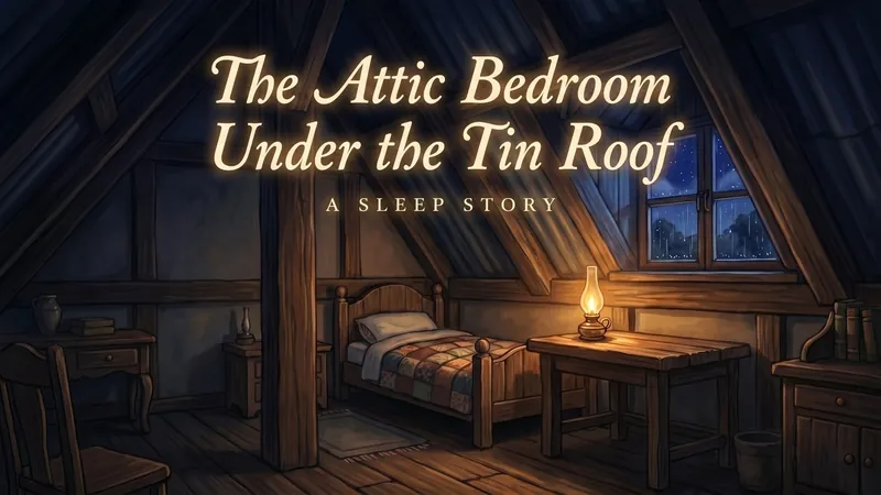 The Attic Bedroom Under the Tin Roof — a lamplit bed beneath sloping beams, rain at the window