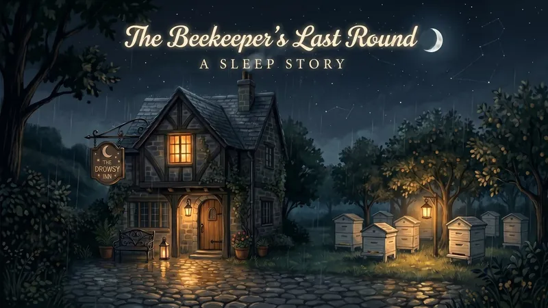 The Beekeeper's Last Round — white hives in the inn's lantern-lit garden at night