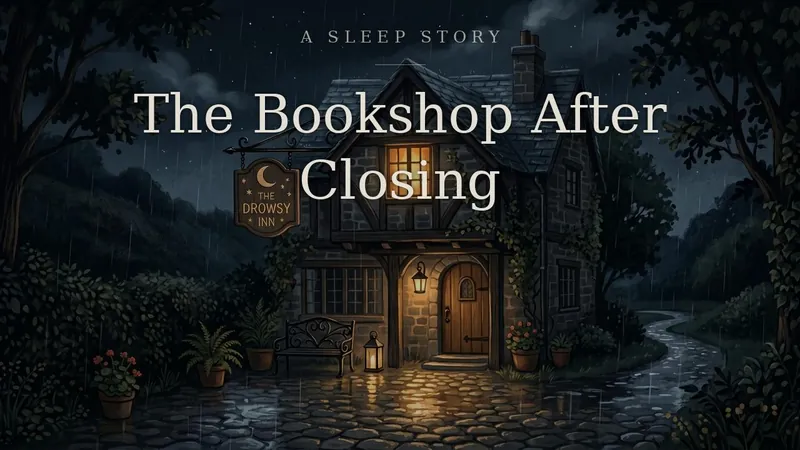 The Bookshop After Closing — lamplit shelves on a rainy night