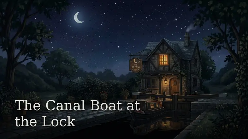 The Canal Boat at the Lock — a narrowboat moored beside the lamplit inn under a starry sky
