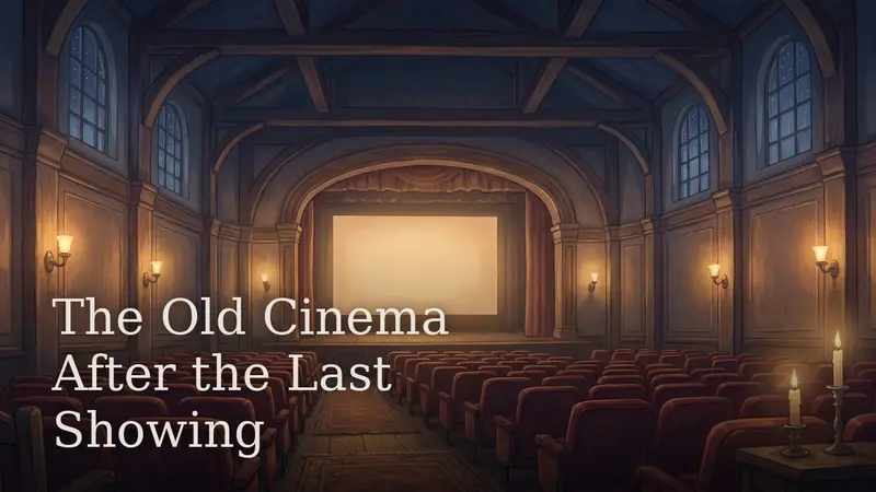 The Old Cinema After the Last Showing — empty red velvet seats facing a blank screen by lamplight