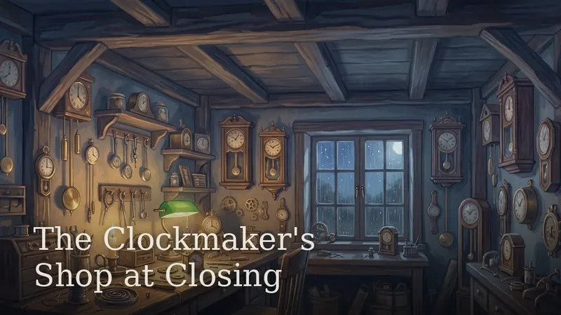 The Clockmaker's Shop at Closing — a workshop of pendulum clocks by lamplight at a dark window