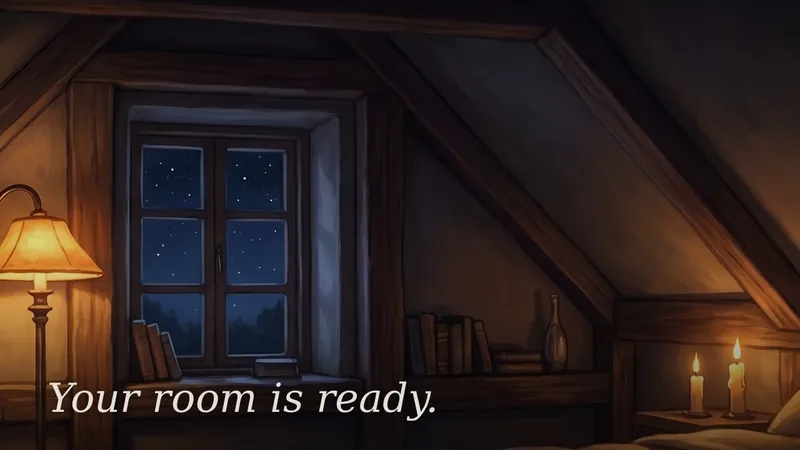 The Room Under the Eaves — a lamplit room under sloping eaves, candles burning by the bed