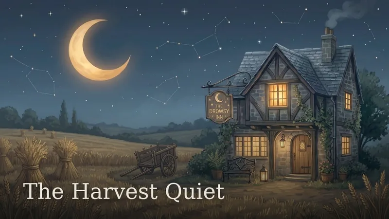 The Harvest Quiet — the inn beside a moonlit stubble field with stooked sheaves and a handcart