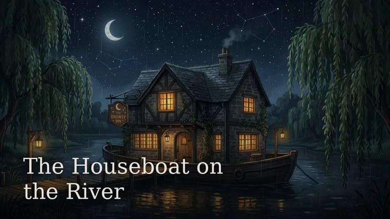 The Houseboat on the River — a lamplit houseboat moored between willows on a still river