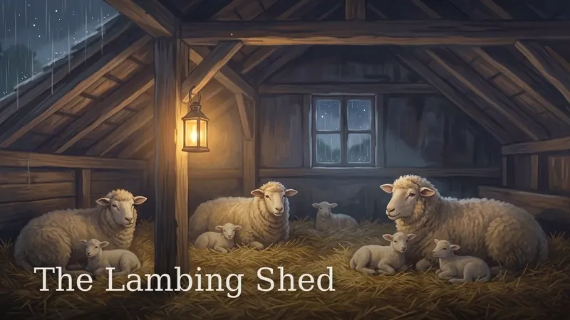 The Lambing Shed — ewes and newborn lambs bedded down on straw under a lantern