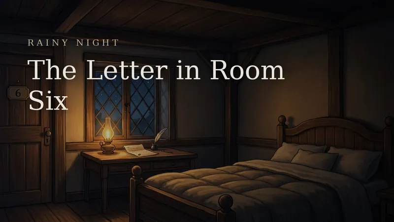 The Letter in Room Six — a quiet inn bedroom with a writing desk and oil lamp on a rainy night