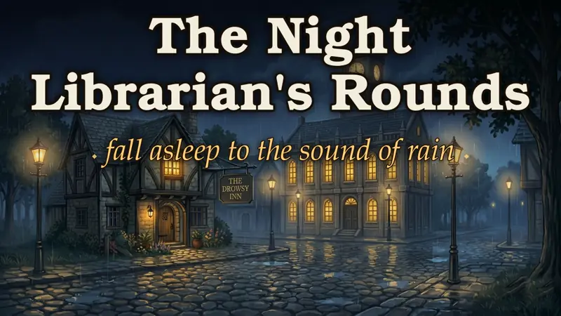The Night Librarian's Rounds — lamplit library stacks on a rainy night