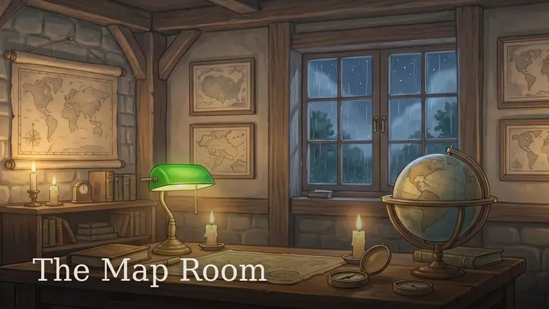 The Map Room — charts and a green-shaded lamp on an oak table, rain at the window