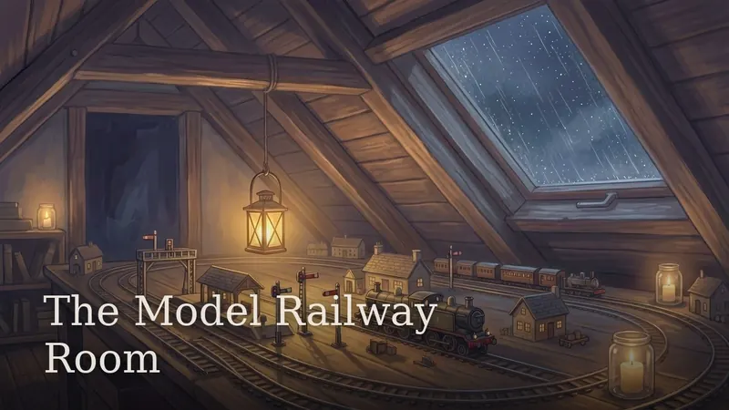 The Model Railway Room — a lamplit attic model railway running under a rain-streaked skylight