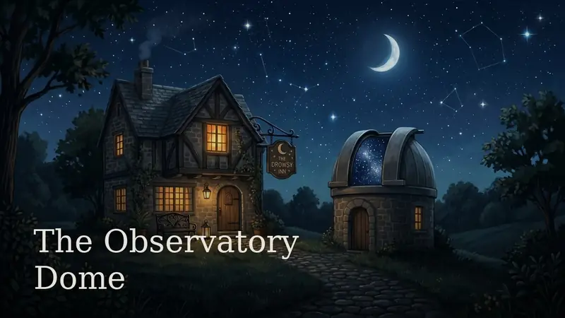 The Observatory Dome — the lamplit inn beside a small stone observatory under the stars