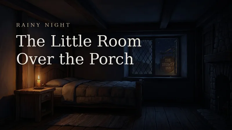 The Little Room Over the Porch — a lamplit attic bedroom under the inn's eaves on a rainy night