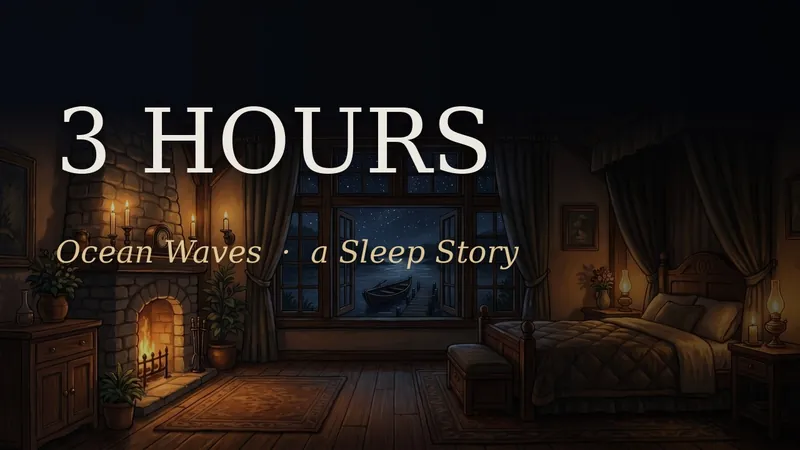 The Room Over the River Landing — a firelit bedroom whose window looks out on the water at night