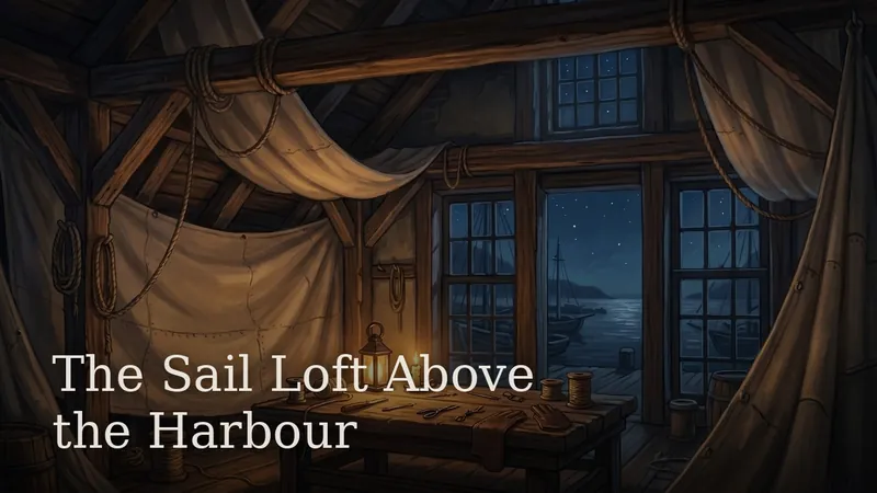 The Sail Loft Above the Harbour — sailcloth and rigging in a loft window over the moonlit harbour