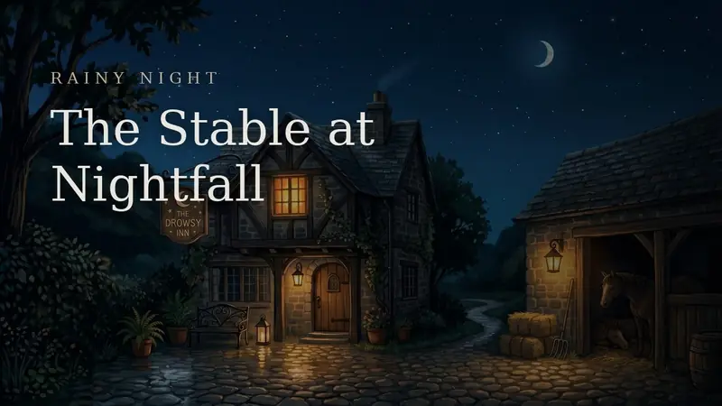 The Stable at Nightfall — the lamplit inn and its stone stable across a wet cobbled yard