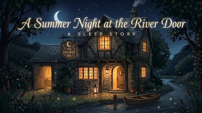 A Summer Night at the River Door — the inn's open river door on a firefly-lit summer night