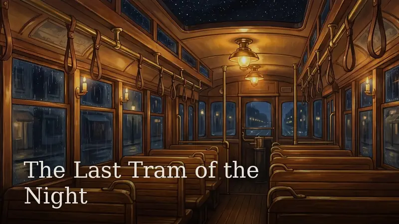 The Last Tram of the Night — the warm wooden interior of an empty tram on a rainy night