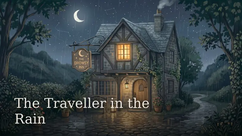 The Traveller in the Rain — the lamplit inn at the end of a wet road under a crescent moon