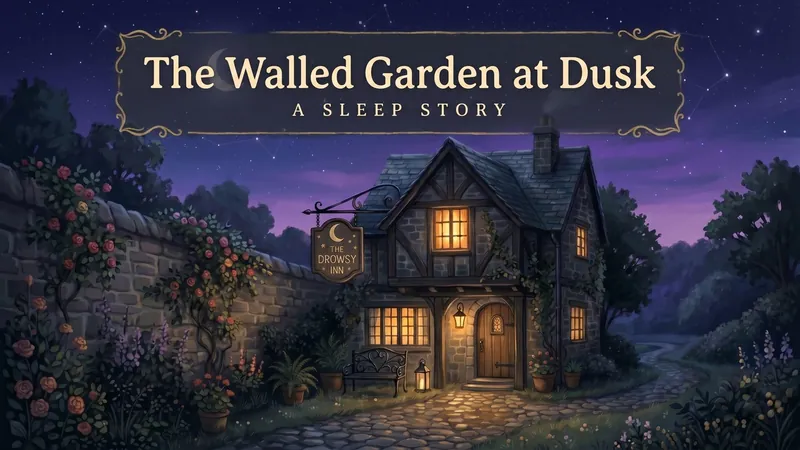 The Walled Garden at Dusk — roses along the garden wall of the lamplit inn at dusk