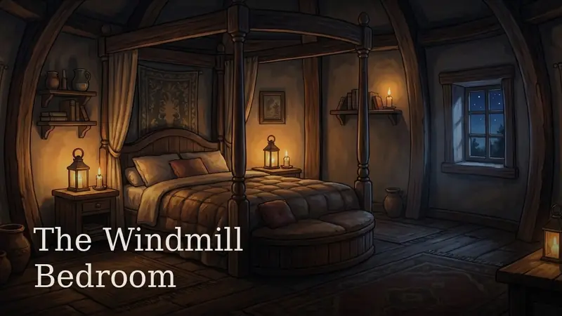 The Windmill Bedroom — a four-poster bed in a round lamplit room high in a windmill
